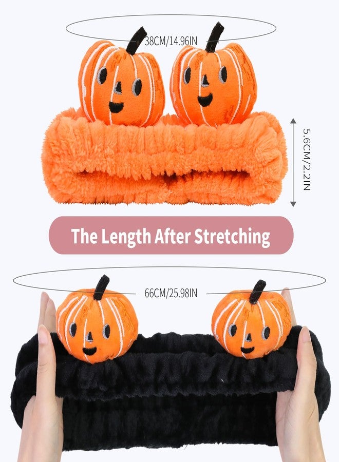 FlyingMage Spa Headband for Washing Face, 2 Pack Cute Halloween Hair Band for Shower Yoga Beauty, Fluffy Makeup Headband, Kawaii Facial Headbands for Woman Girls, Orange+Black Pumpkin - Image 4